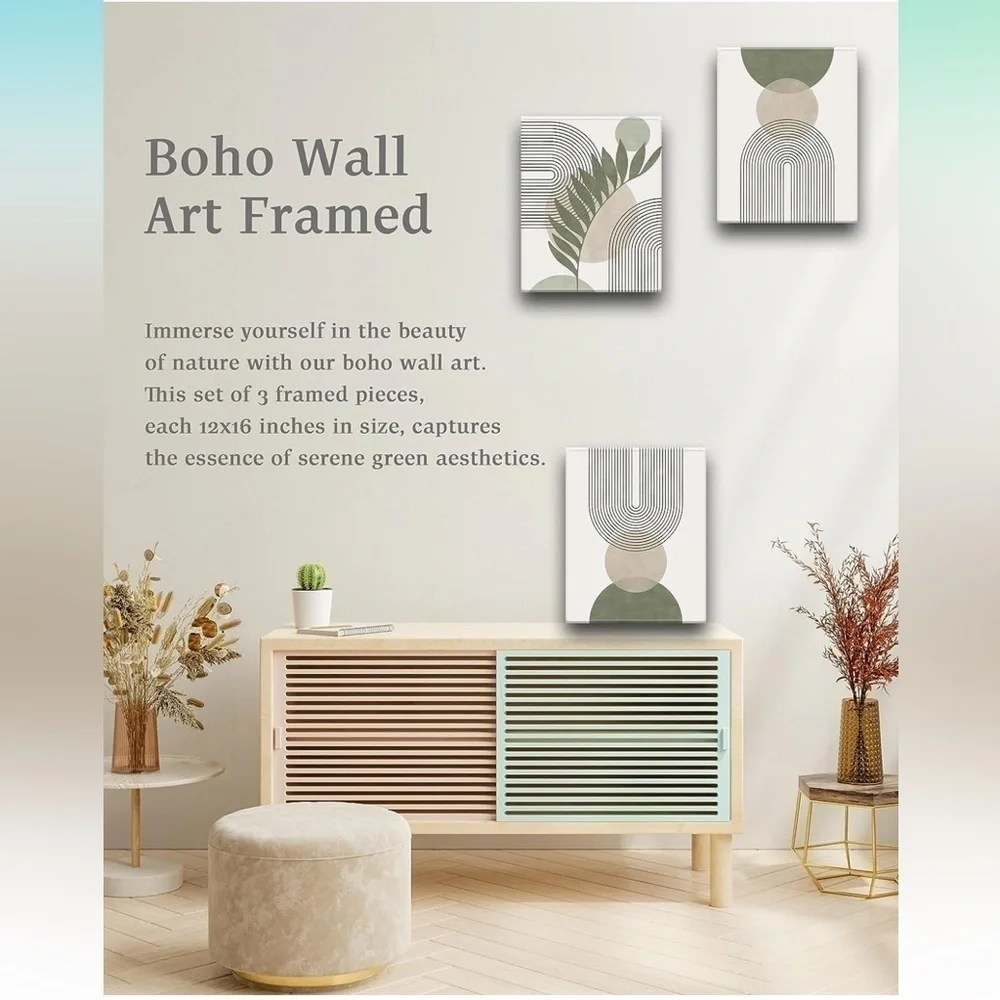 Brand New Set of 3 Wood Framed Canvases Sage Boho Wall Art Minimalist Decor